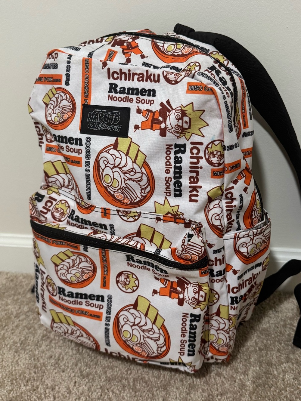 Naruto Ichiraku Ramen Print Backpack - White & Orange